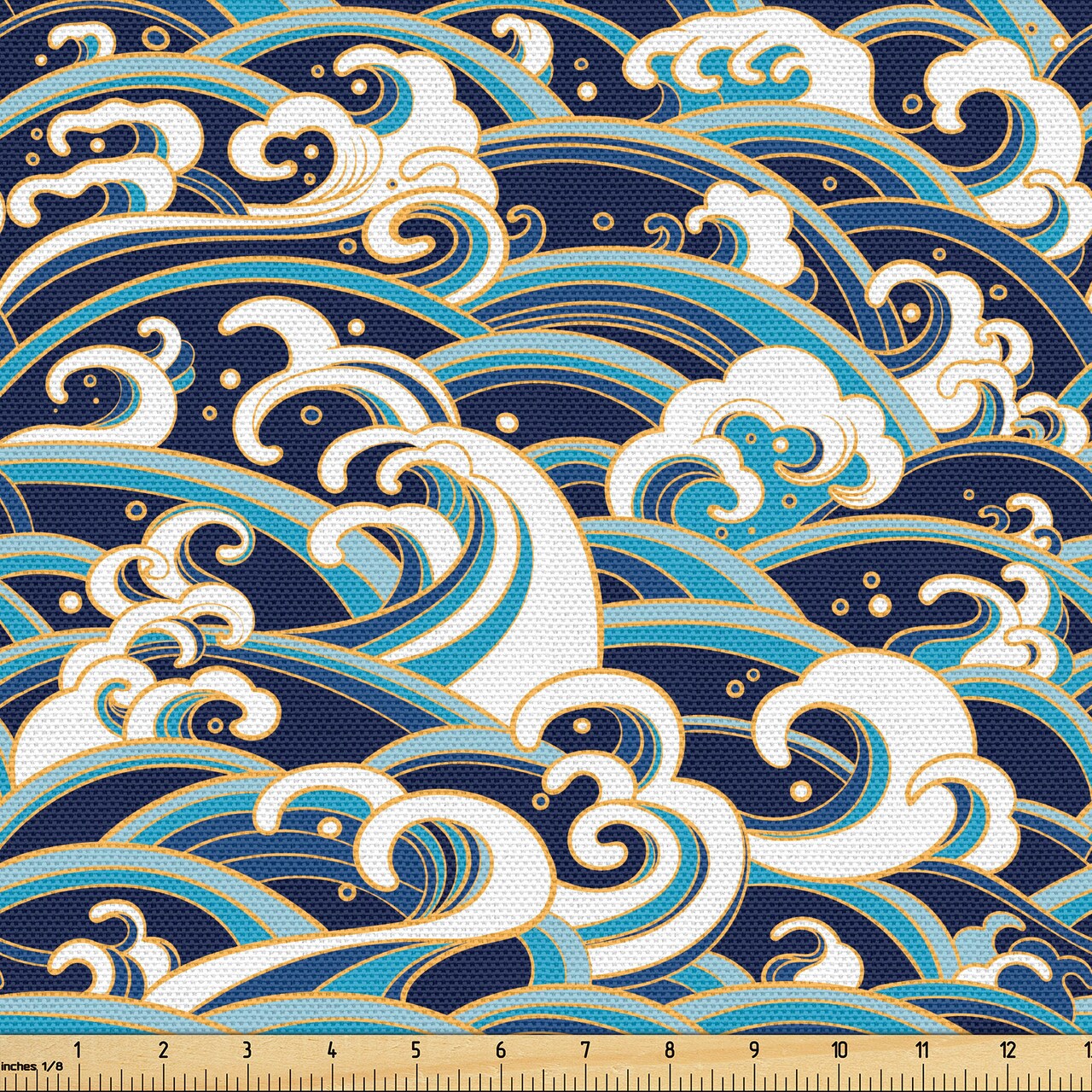 Ambesonne Nautical Fabric by the Yard, Traditional Oriental Style Ocean Waves Pattern Foam and Splashes Print, Decorative Fabric for Upholstery and Home Accents, 1 Yard, Blue and White